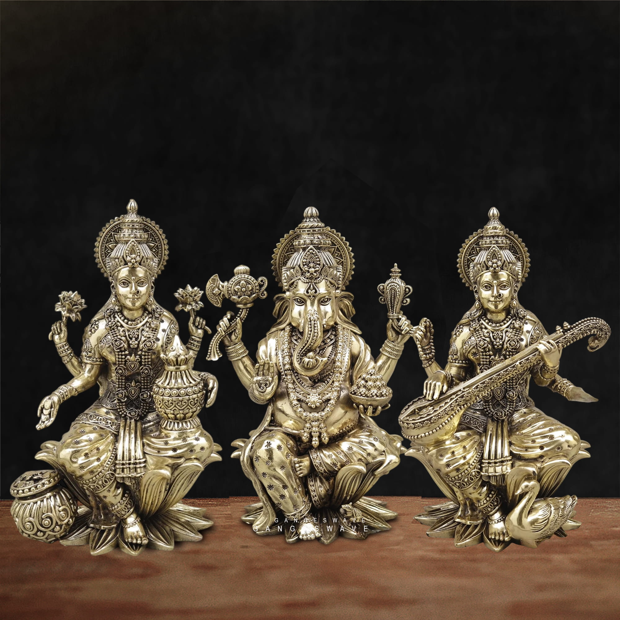 Superfine Brass MaLakshmi, Ganesh, MaSaraswati Idol - 10 inches