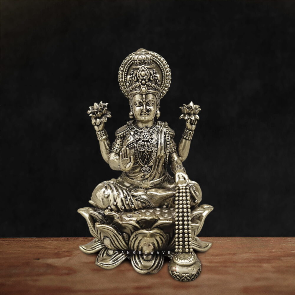 Superfine Brass Goddess Lakshmi Idol on Lotus Base - 5 inches