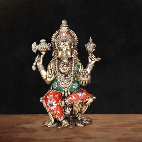 Superfine Brass Meenakari Lord Ganesha Idol - 10 inches