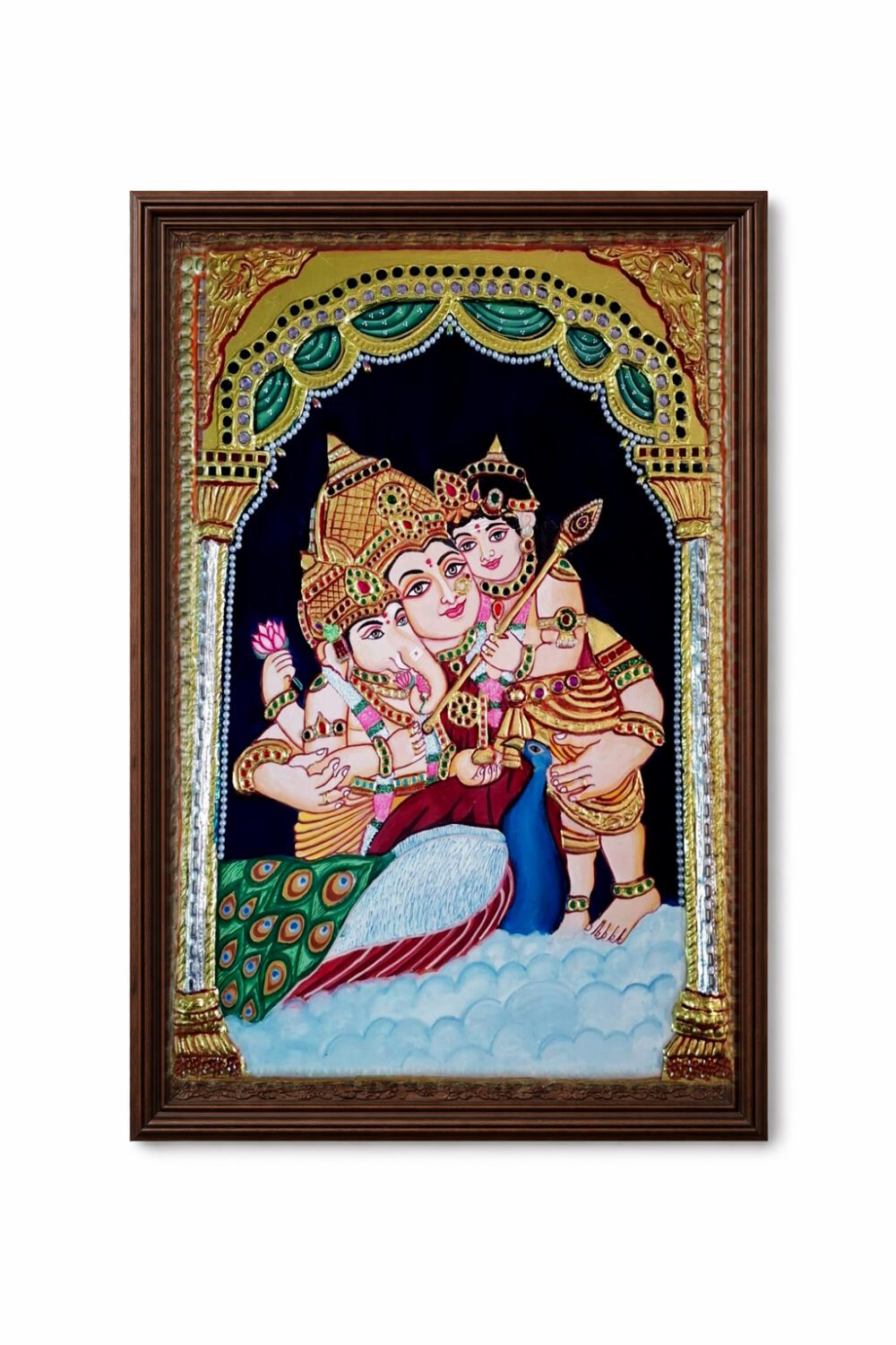 Ganesha, Kartikeya & Parvati Tanjore Painting
