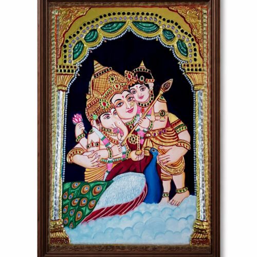 Ganesha, Kartikeya & Parvati Tanjore Painting