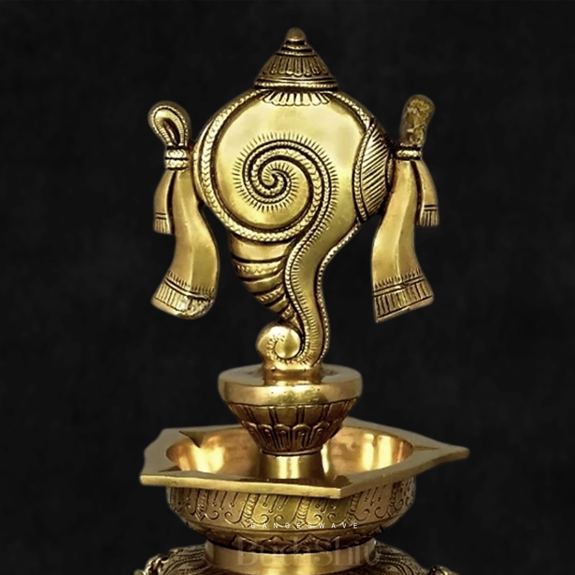 Premium Sankha Chakra Brass Diya with Hanging Bells - 30 inches - Image 3