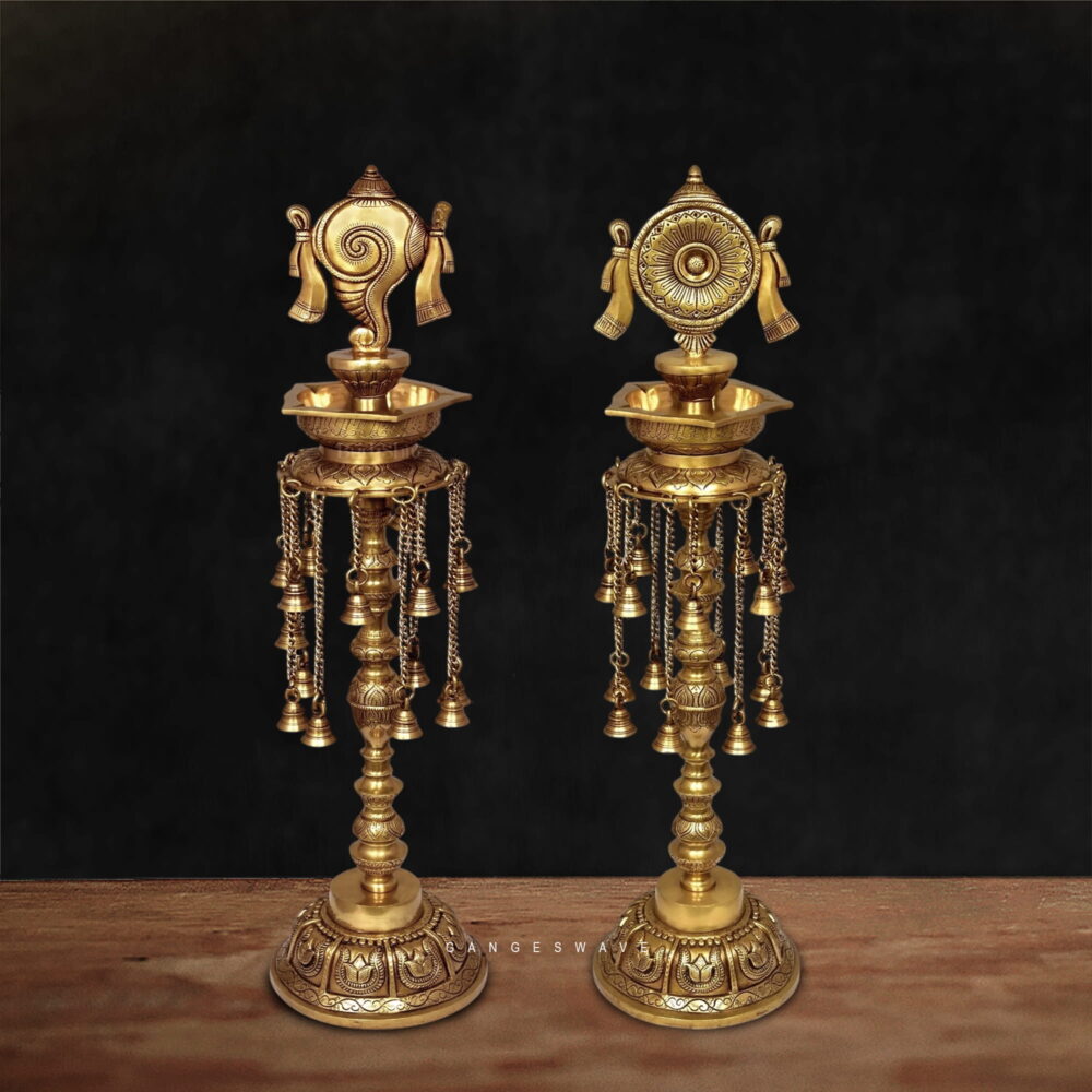 Premium Sankha Chakra Brass Diya with Hanging Bells - 30 inches