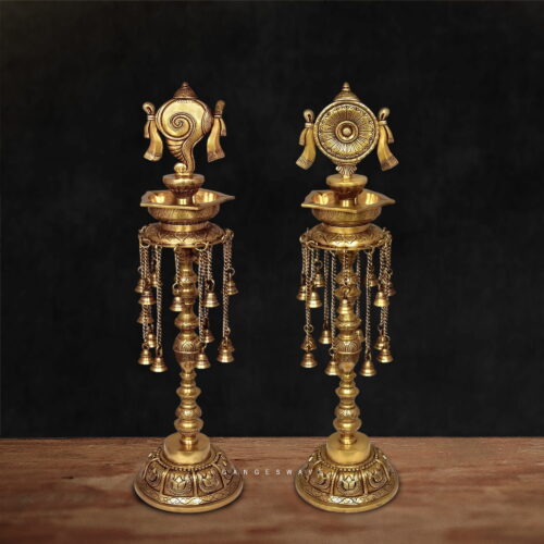 Premium Sankha Chakra Brass Diya with Hanging Bells - 30 inches
