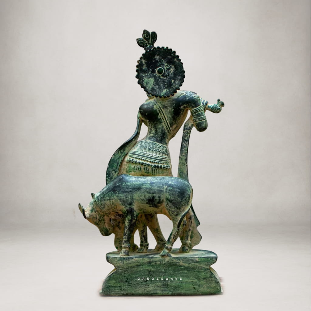 Vintage Brass Krishna Playing Flute with Cow - 13 inches - Image 3