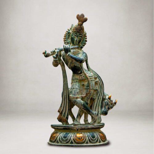 Vintage Brass Krishna Playing Flute with Cow - 13 inches