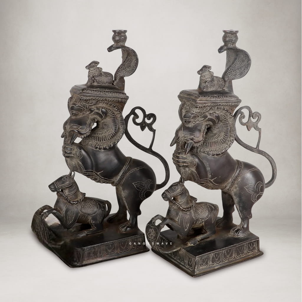 Vintage Brass Yali Statue Pair for Home Decor - Image 4