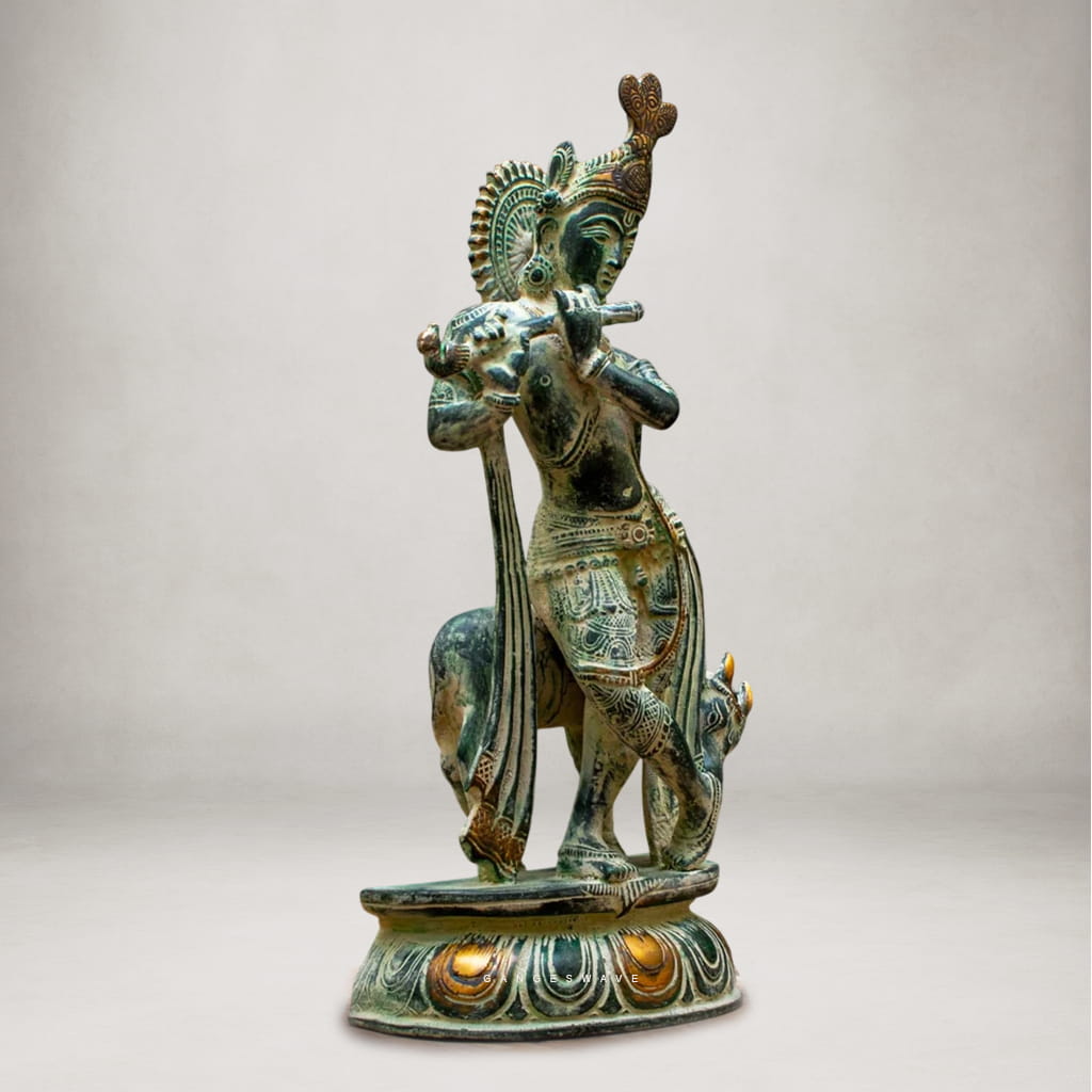 Vintage Brass Krishna Playing Flute with Cow - 13 inches - Image 5