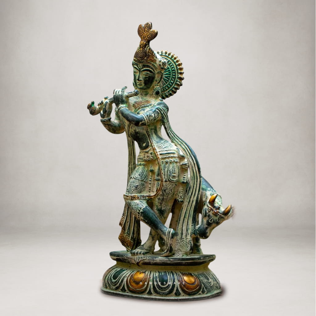 Vintage Brass Krishna Playing Flute with Cow - 13 inches - Image 4