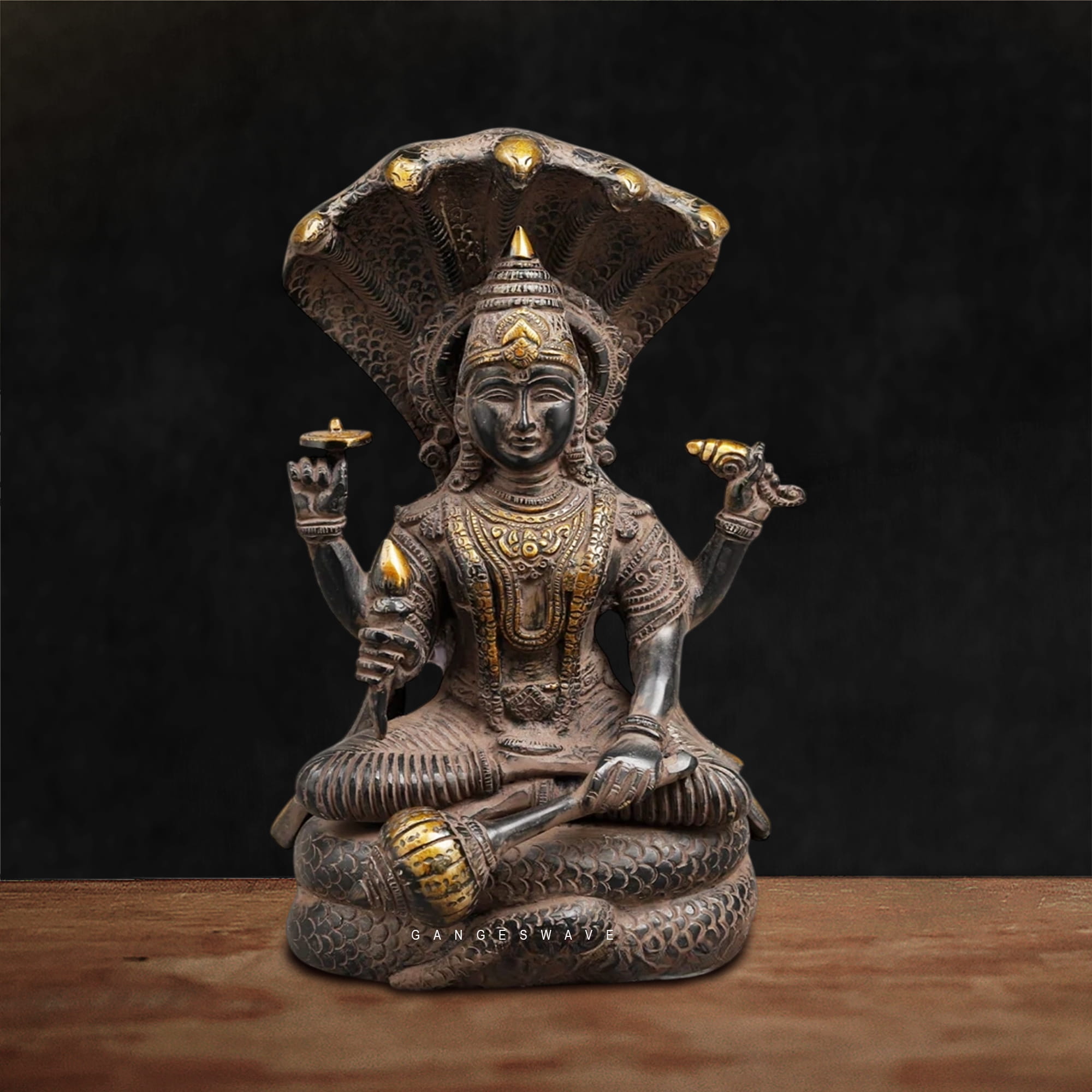 Brass Sheshnag Vishnu Statue – Antique Finish (12 Inches) - Image 2