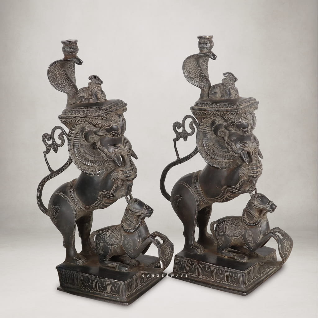 Vintage Brass Yali Statue Pair for Home Decor - Image 2