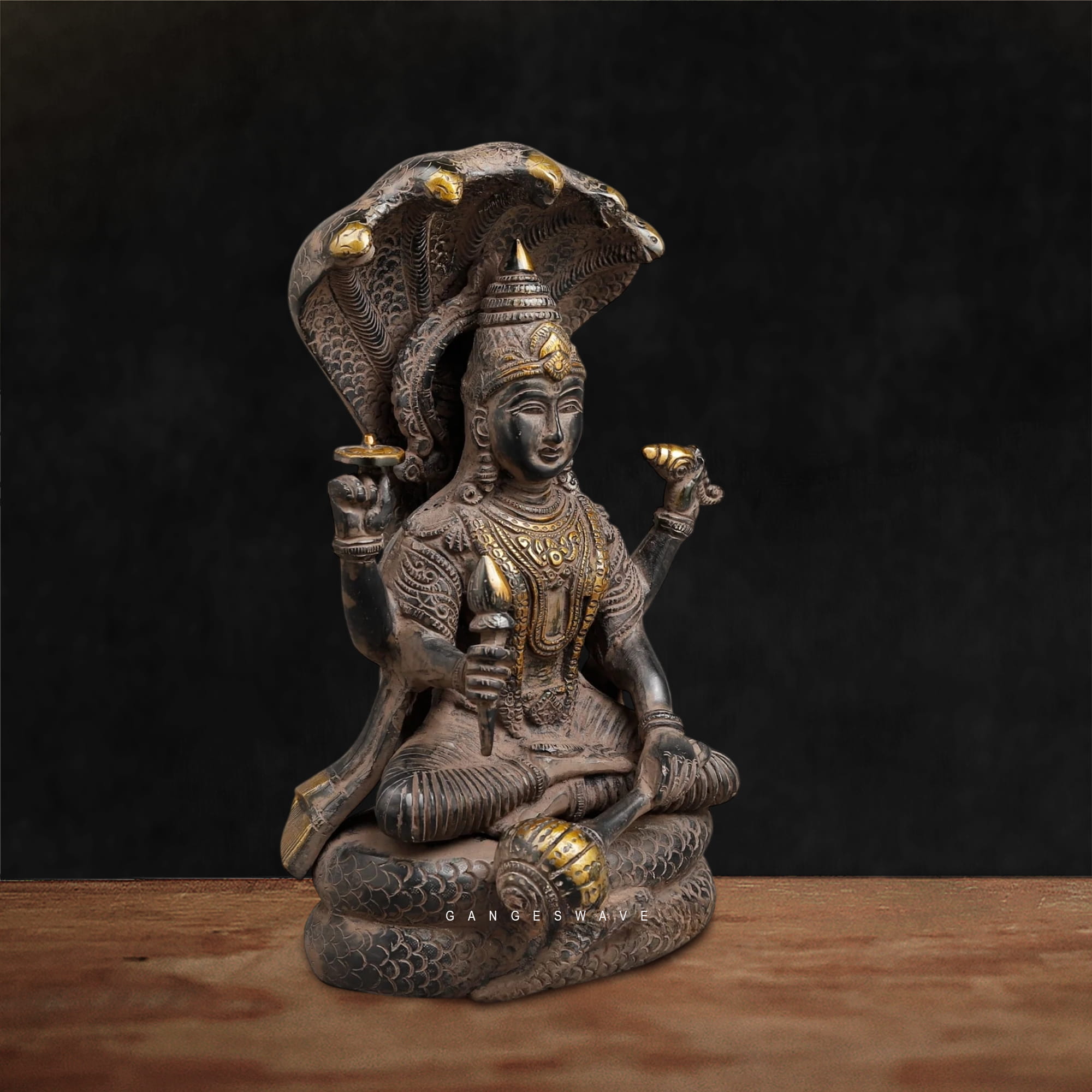 Brass Sheshnag Vishnu Statue – Antique Finish (12 Inches) - Image 3