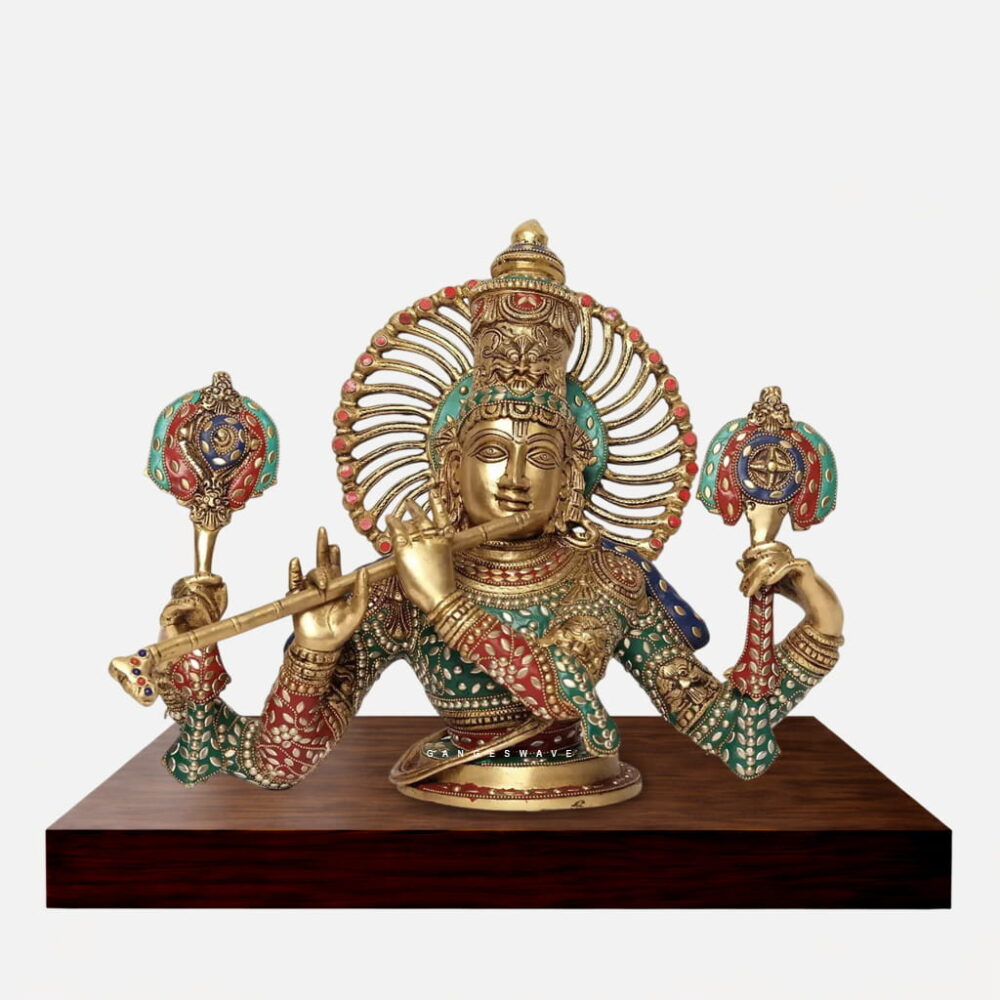 Brass Krishna Bust Statue with Meenakari Work - 13 inches
