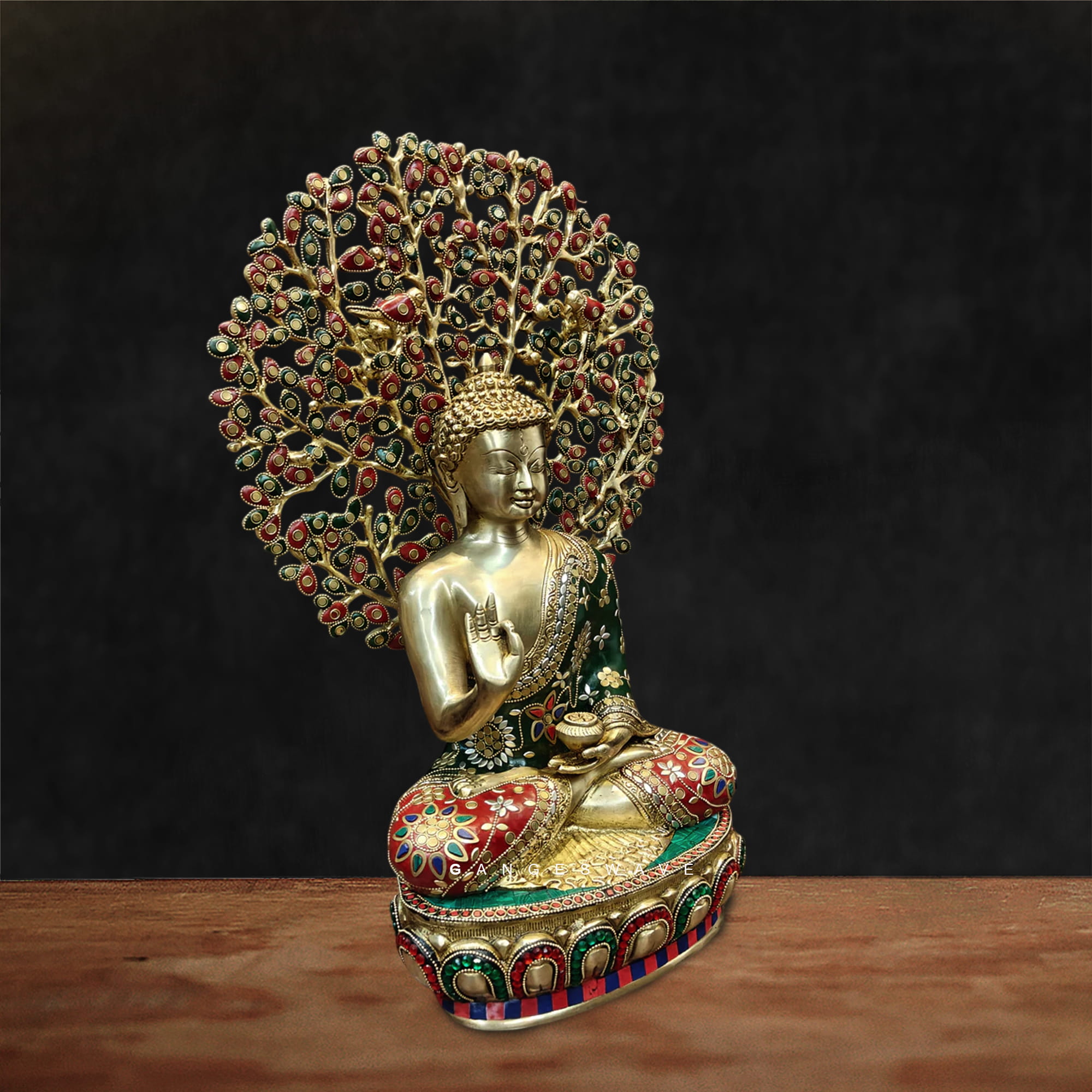 Buddha Brass Meenakari Statue with Bodhi Tree - 22 inches - Image 3