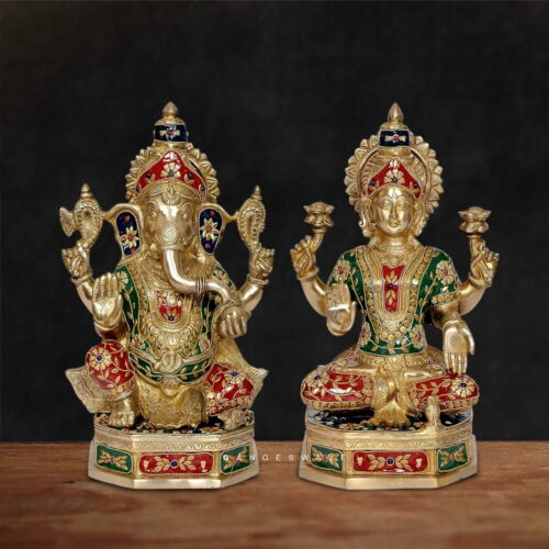 Premium Meenakari Ganesh Lakshmi Brass Idol Set - 14 inches