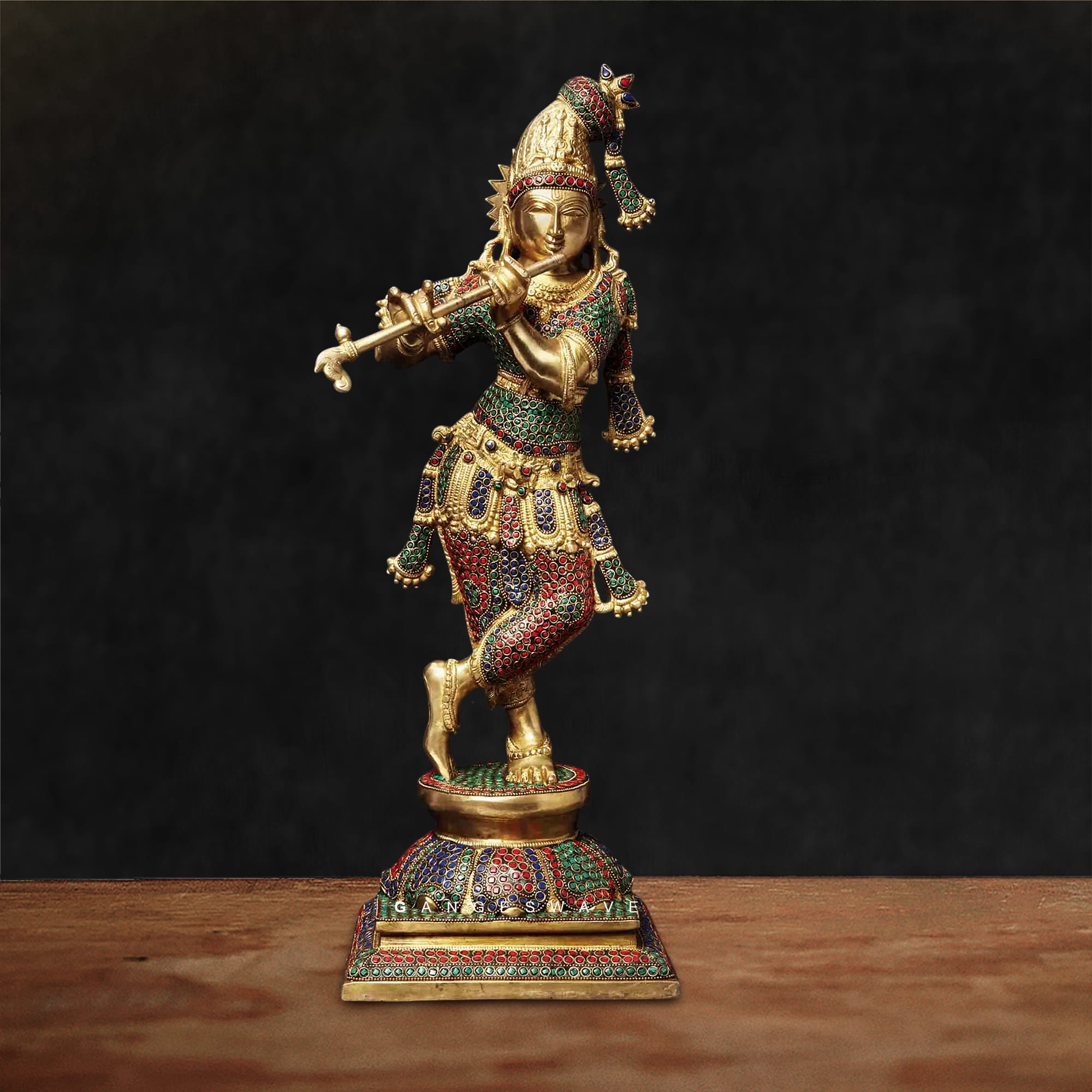 Meenakari Tribhanga Krishna Brass Statue - 24 inches