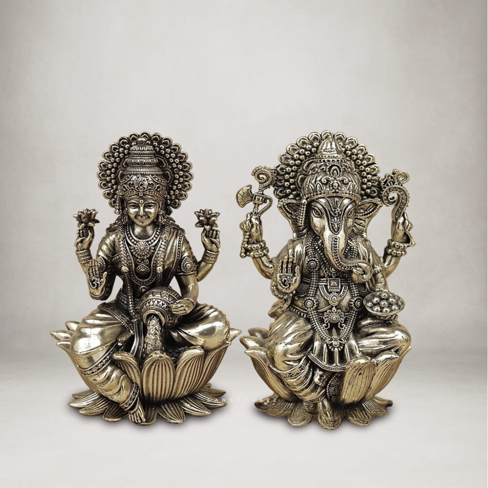 Premium Brass Lakshmi & Ganesha Idol Set – Antique Finish - 6 inches