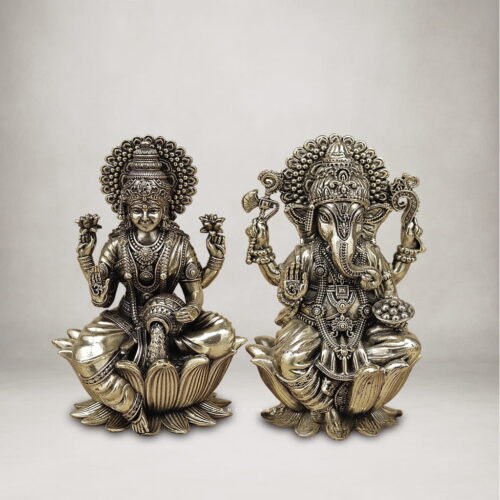 Premium Brass Lakshmi & Ganesha Idol Set – Antique Finish - 6 inches
