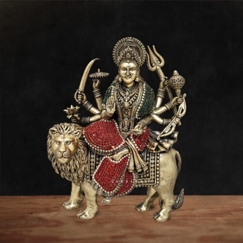Meenakari Brass Maa Durga Statue on Lion - 9 inches