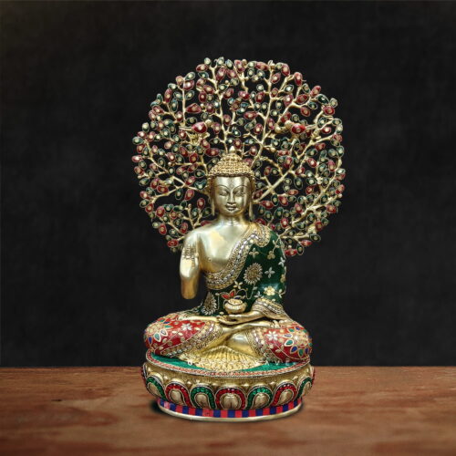 Buddha Brass Meenakari Statue with Bodhi Tree - 22 inches