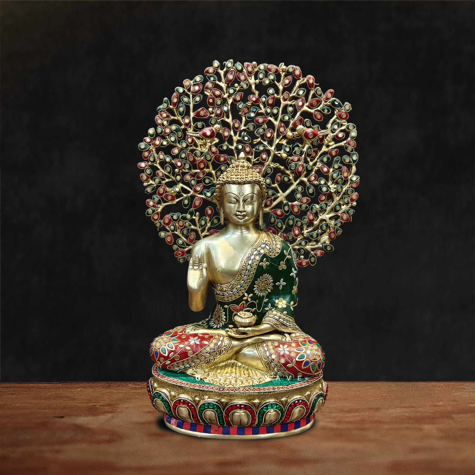 Buddha Brass Meenakari Statue with Bodhi Tree - 22 inches
