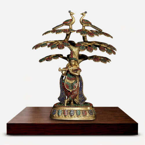 Meenakari Brass Krishna Under Kadamba Tree - 15 inches