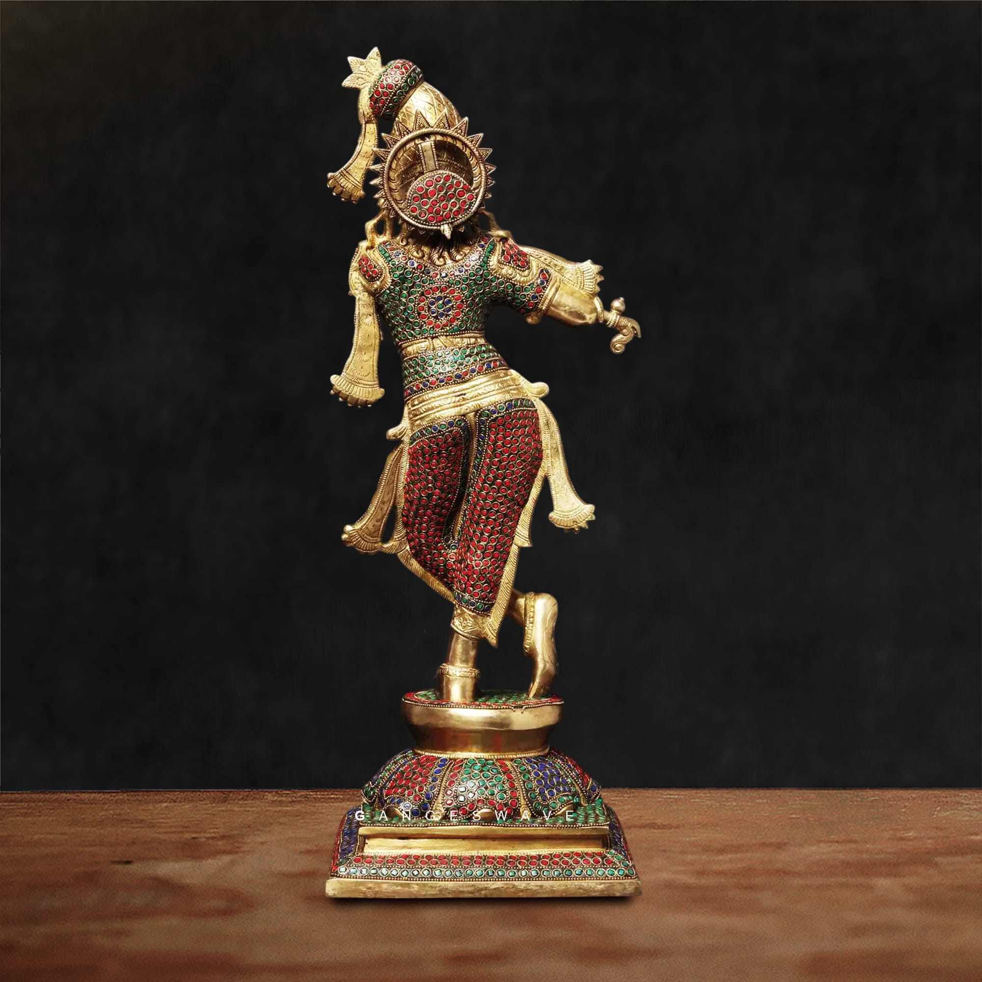 Meenakari Tribhanga Krishna Brass Statue - 24 inches - Image 3