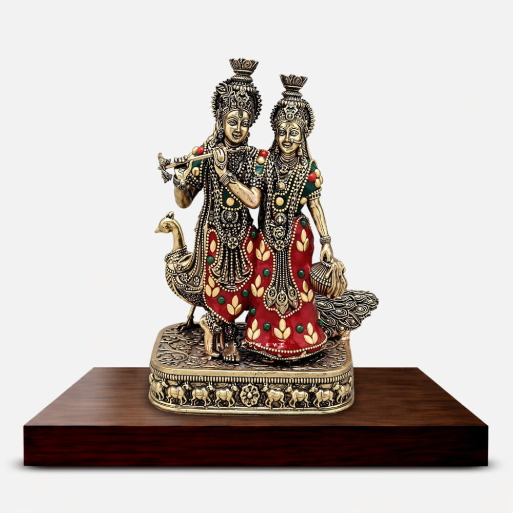 Radha Krishna Superfine Meenakari Brass Idol with Peacock - 8 inches