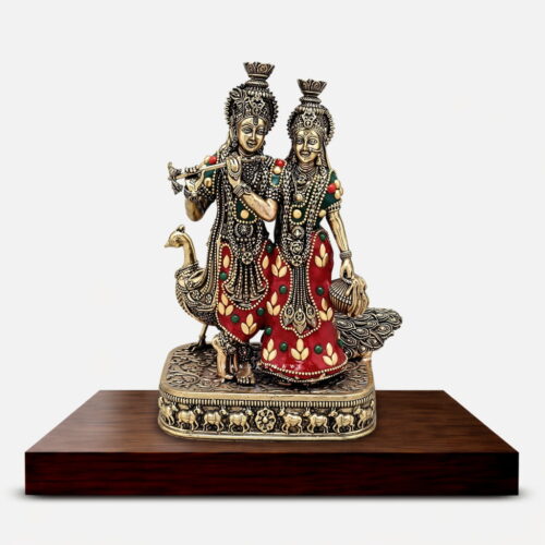 Radha Krishna Superfine Meenakari Brass Idol with Peacock - 8 inches