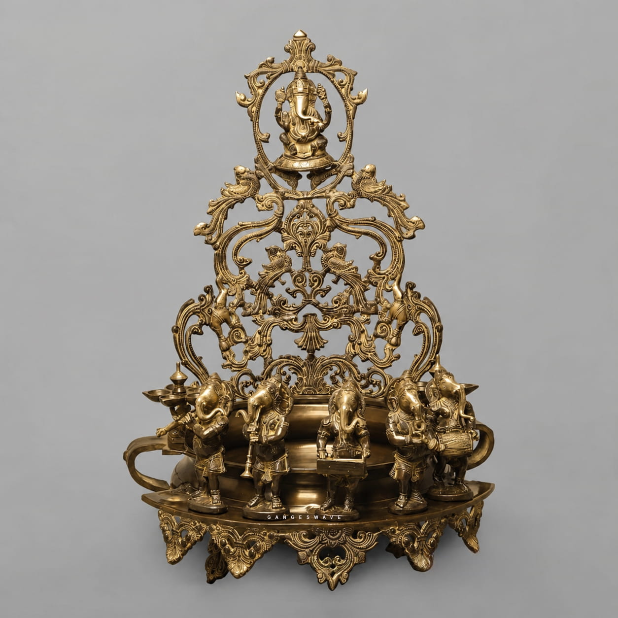 Brass Ganesha Urli with Musicians - 30 inches