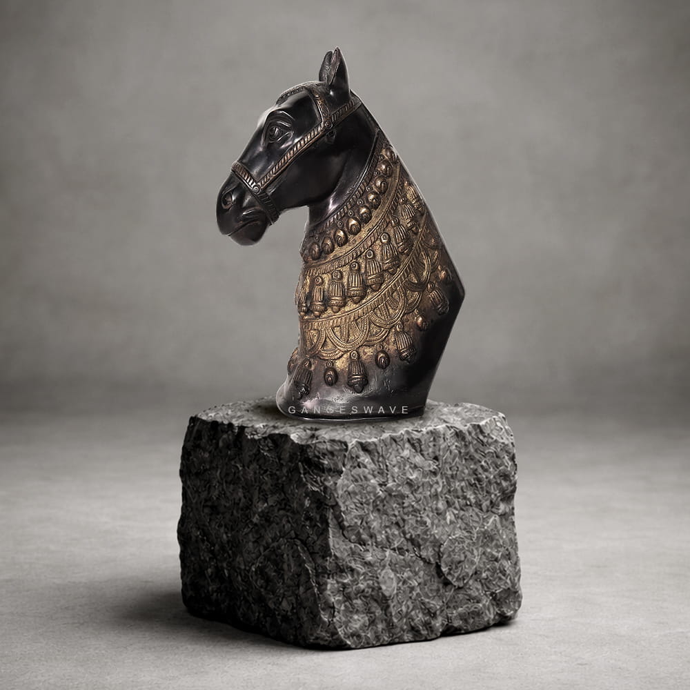 Brass Horse Head Figurine Decor Black Patina - 11 inches