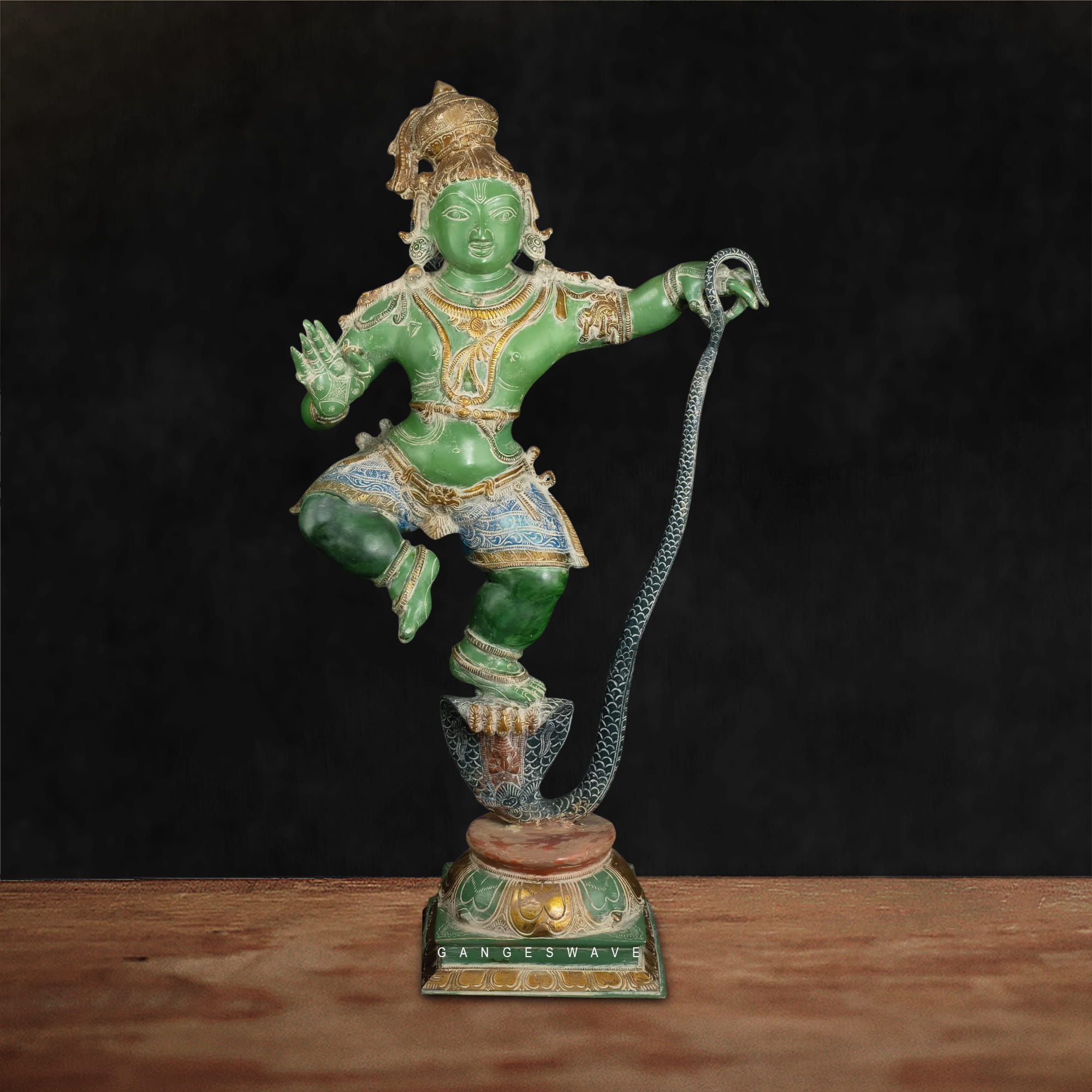 Vintage Finish Brass Krishna Murti on Kaliya Naag - 34 inches