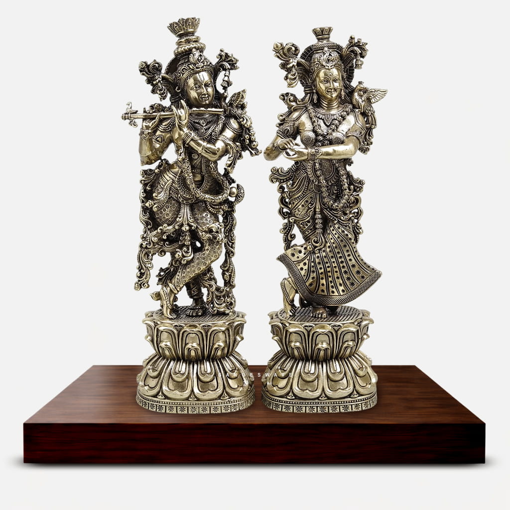 Handcrafted Superfine Brass Radha Krishna Statue on Lotus Pedestal with Antique Finish for Home Temple, Spiritual Décor and Luxury Interior Decoration