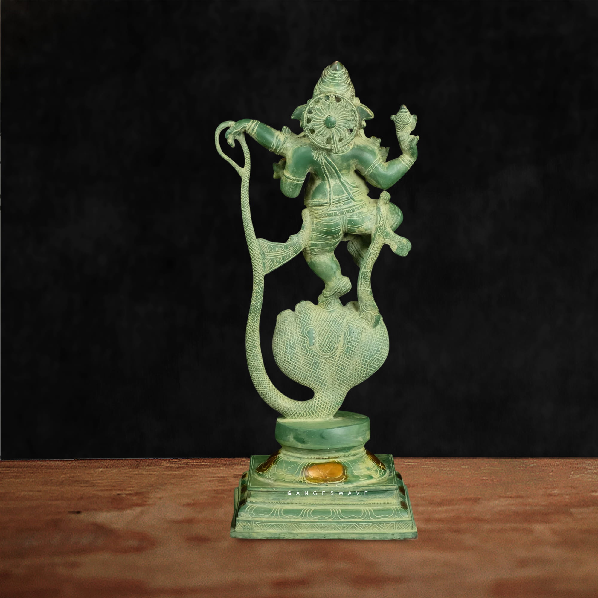 Vintage Green Brass Dancing Ganesha Statue on Sheshnag - 20 inches - Image 3