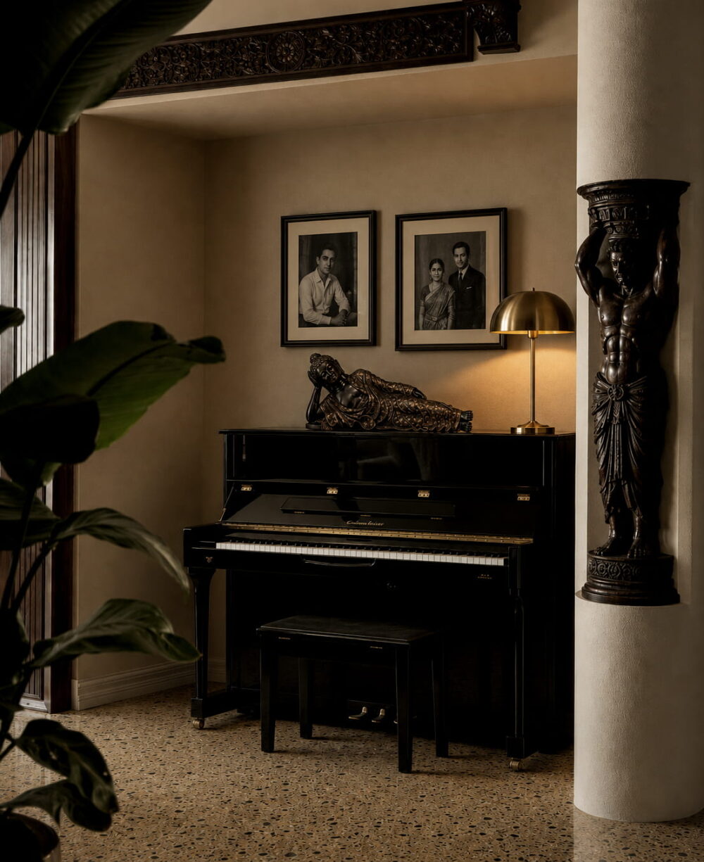 Handcrafted reclining Buddha brass statue with antique black and gold engraved finish for luxury home décor and meditation spaces.