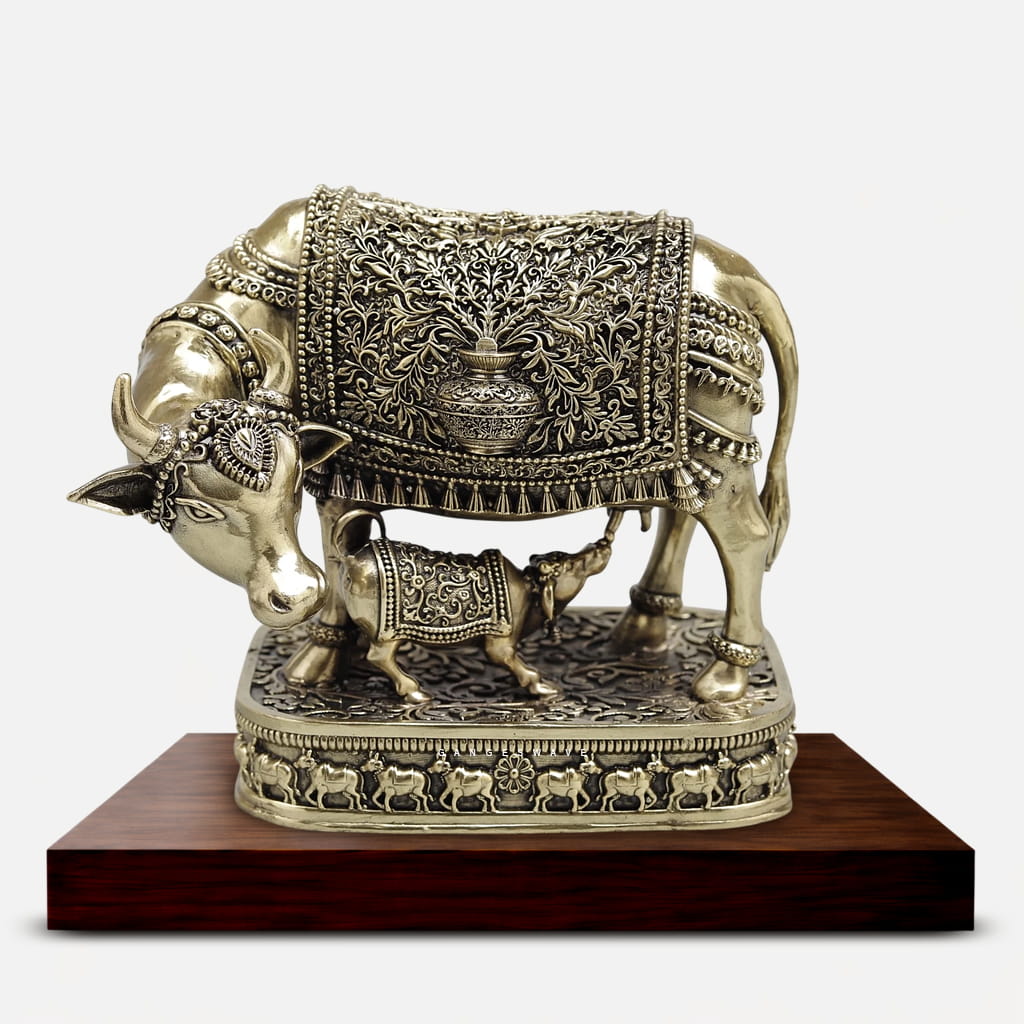 Superfine Kamdhenu Brass Statue with Calf - 6.5 inches