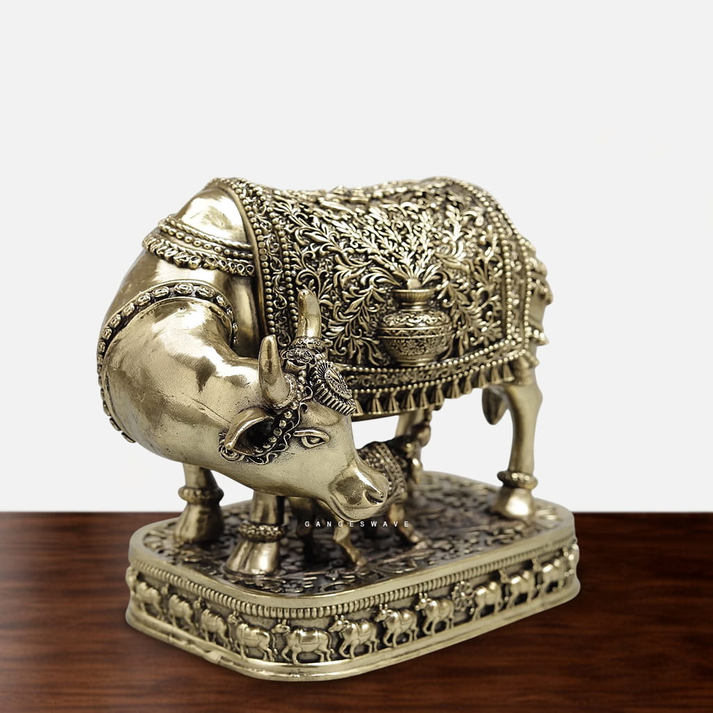 Superfine Kamdhenu Brass Statue with Calf - 6.5 inches - Image 4