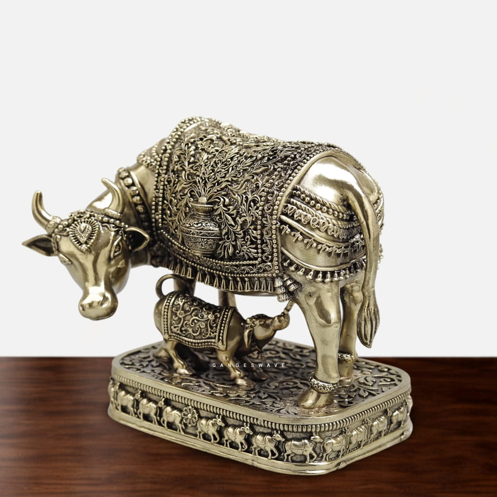 Superfine Kamdhenu Brass Statue with Calf - 6.5 inches - Image 5