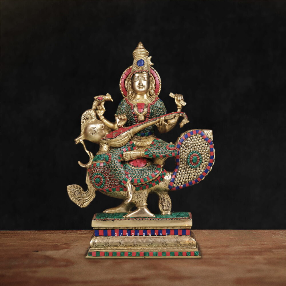 Meenakari Brass Saraswati Statue on Hamsa - 20 inches