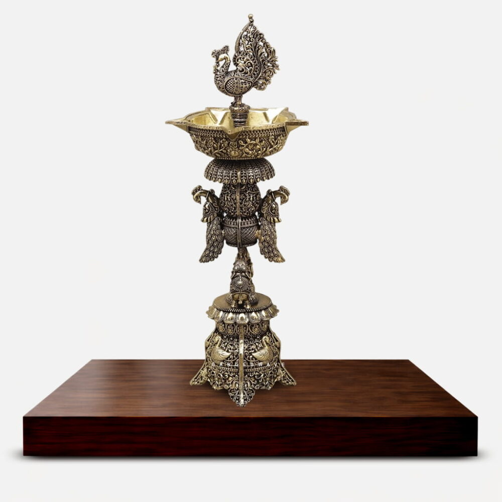 Brass Peacock Oil Lamp for Pooja & Home Decor - 12 inches
