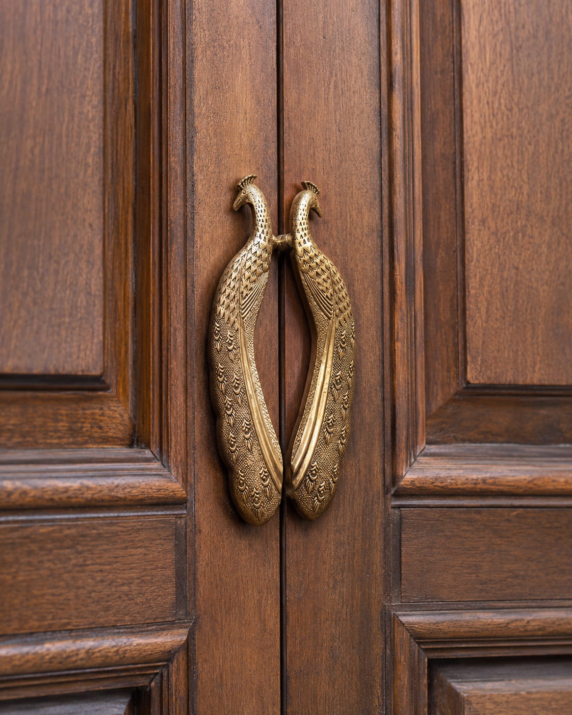 Luxury handcrafted antique brass peacock door handle pair with intricate feather engraving for premium wooden entrance doors