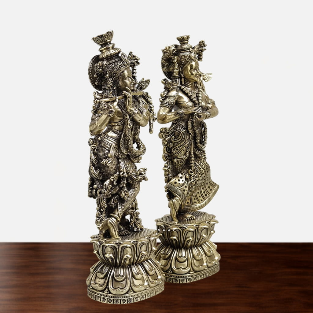 Superfine Brass Radha Krishna Statue on Lotus Pedestal - 11 inches - Image 2