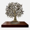 Handcrafted brass Kalpavriksha tree sculpture with detailed branches, birds, and antique finish placed on a wooden base for luxury home decor