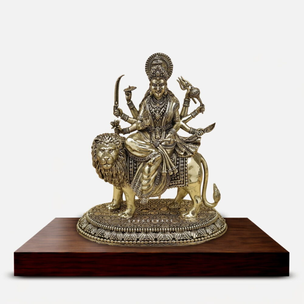 Brass Maa Durga (Sherawali) Idol on Lion - 8.5 inches