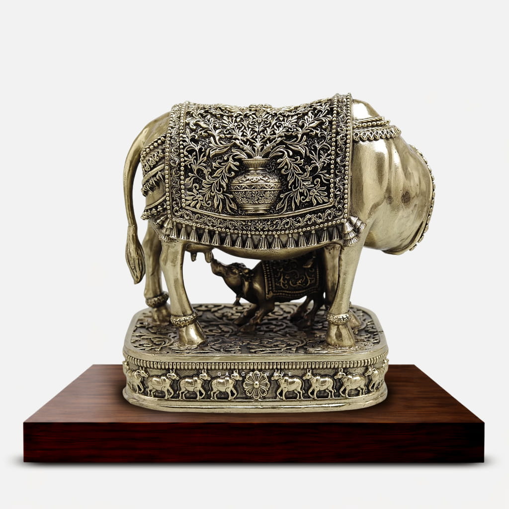 Superfine Kamdhenu Brass Statue with Calf - 6.5 inches - Image 3