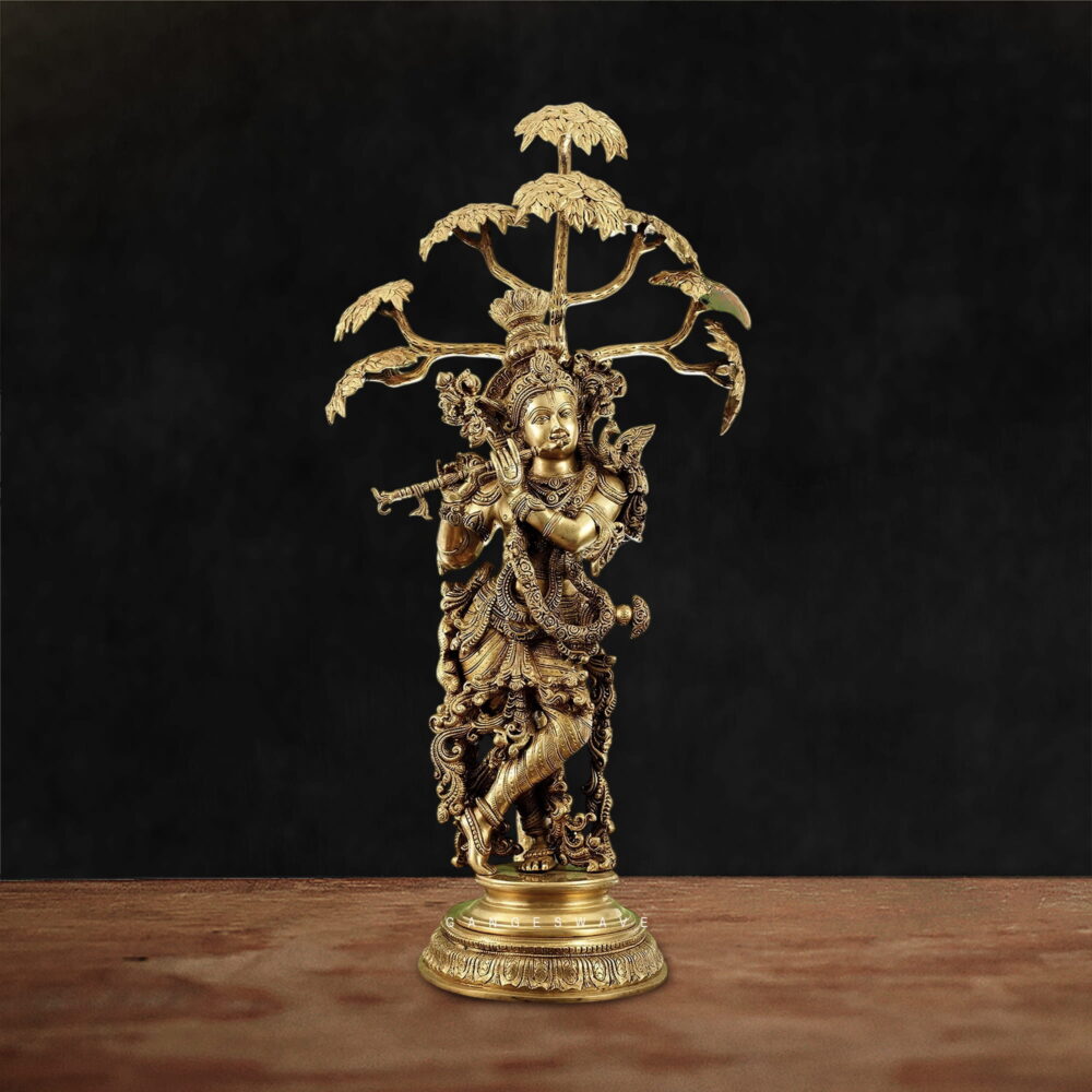 Superfine Brass Krishna Under Kadamba Tree Statue - 34 inches