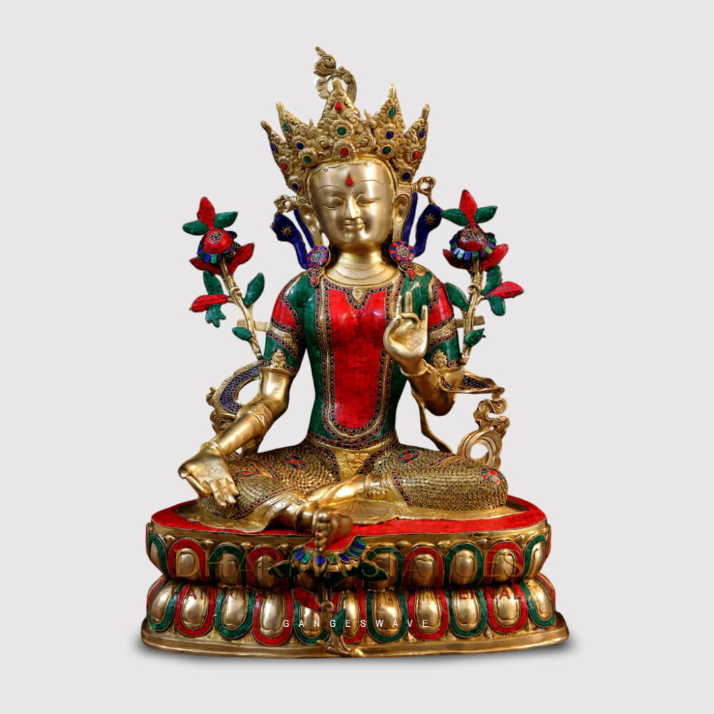 Handcrafted Brass Green Tara Statue featuring traditional Meenakari artwork and intricate gemstone detailing.