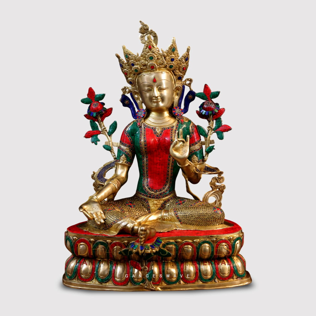 Handcrafted Brass Green Tara Statue featuring traditional Meenakari artwork and intricate gemstone detailing.