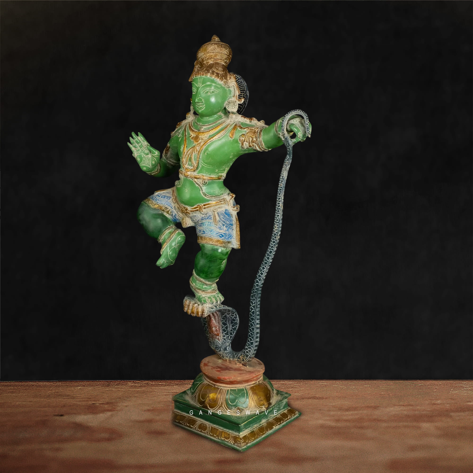 Vintage Finish Brass Krishna Murti on Kaliya Naag - 34 inches - Image 4