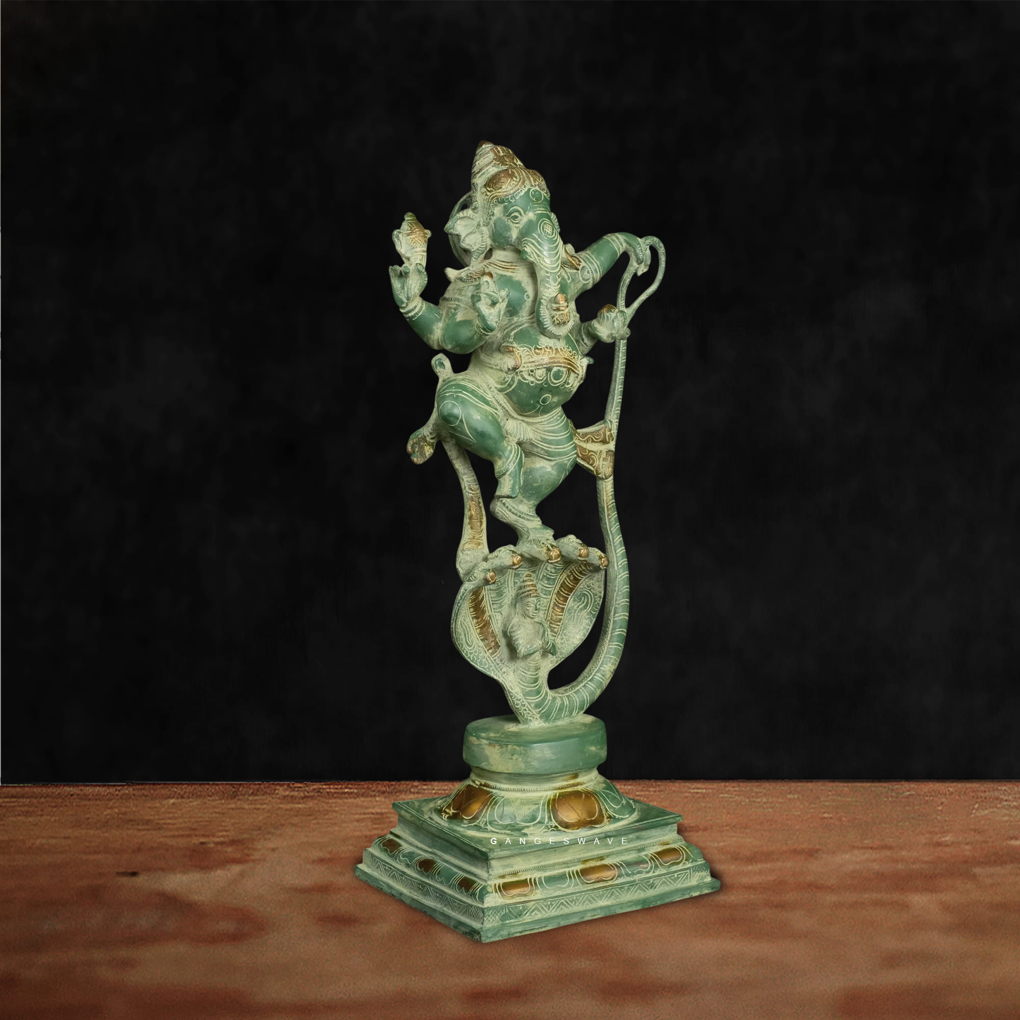 Vintage Green Brass Dancing Ganesha Statue on Sheshnag - 20 inches - Image 4